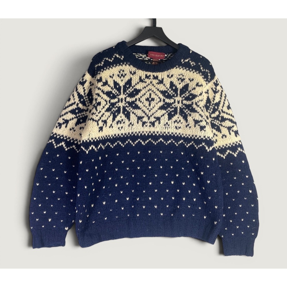 Vintage John Ashford Fair Isle Sweater Mens L Blue Wool Snowflake Nordic Knit